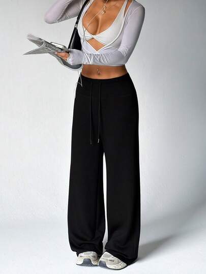 Dewbera 女士宽松版型可调节抽绳腰阔腿裤，复合面料，适合所有季节