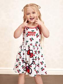 HELLO KITTY AND FRIENDS | SHEIN 年轻女孩夏季休闲度假卡通樱桃字母图案撞色包边连衣裙 - 紅白色 - 查看 3