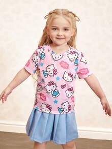 HELLO KITTY AND FRIENDS | SHEIN 女童夏季休闲猫咪印花圆领短袖T恤 - 彩色 - 查看 9