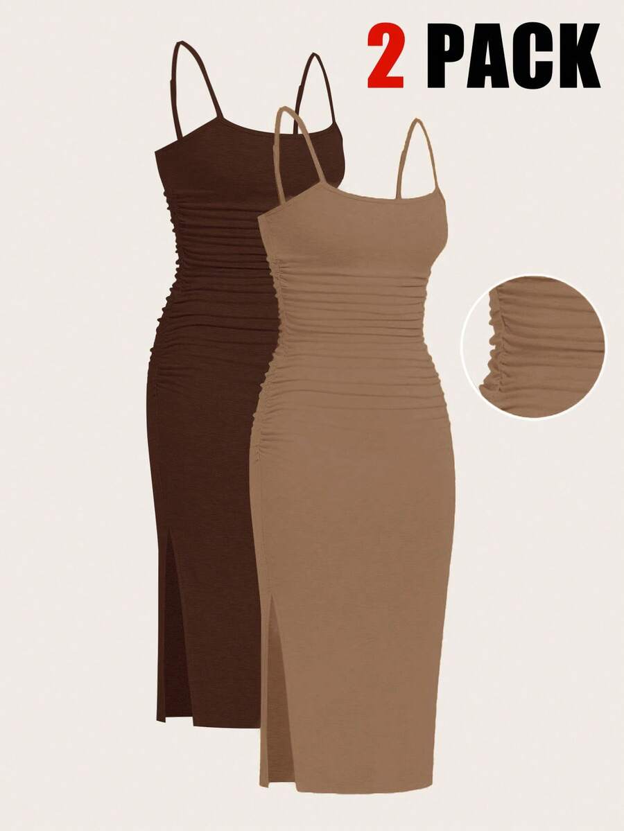 SHEIN EZwear 两件套女士夏季针织修身吊带连衣裙套装 - 棕色 - 查看 1