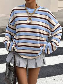 Muchica 女士休闲落肩条纹针织T恤 - 藍色 - 查看 1