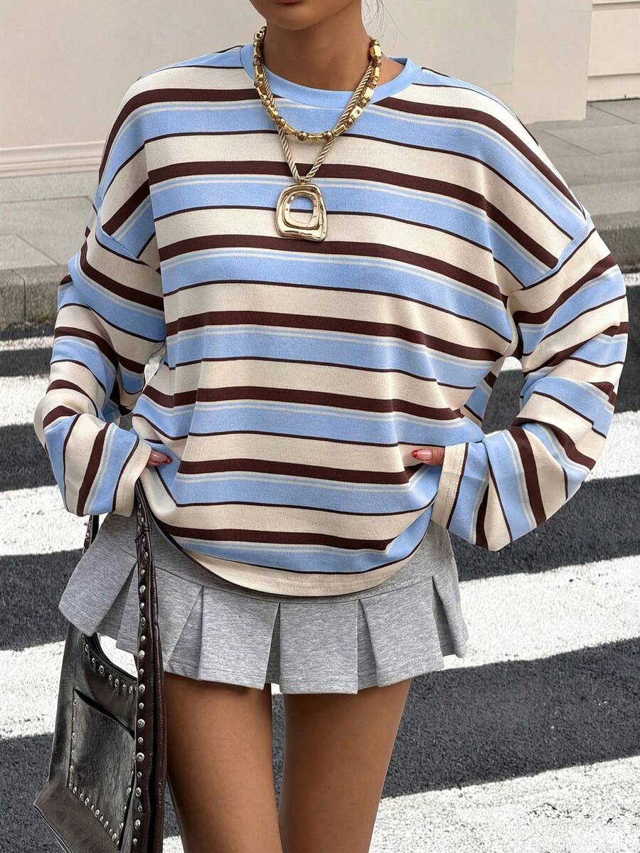 Muchica 女士休闲落肩条纹针织T恤 - 藍色 - 查看 1