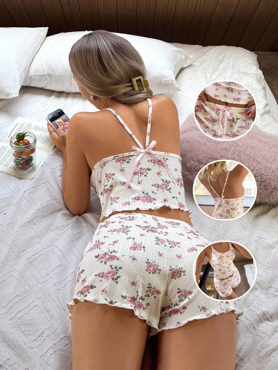 SHEIN 夏季甜美吊带背心和短裤睡衣套装 - 白色 - 查看 1