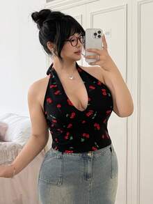 CovetEZ Plus Size Women's Sexy Backless Deep V-Neck Tie Front Cherry Print Vacation Top - Red - View 5
