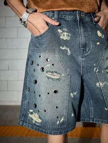 ROMWE MEN Grunge Punk Pantalones cortos de mezclilla con cinturón, con ojales y rotos para hombre - Azul - Ver 2