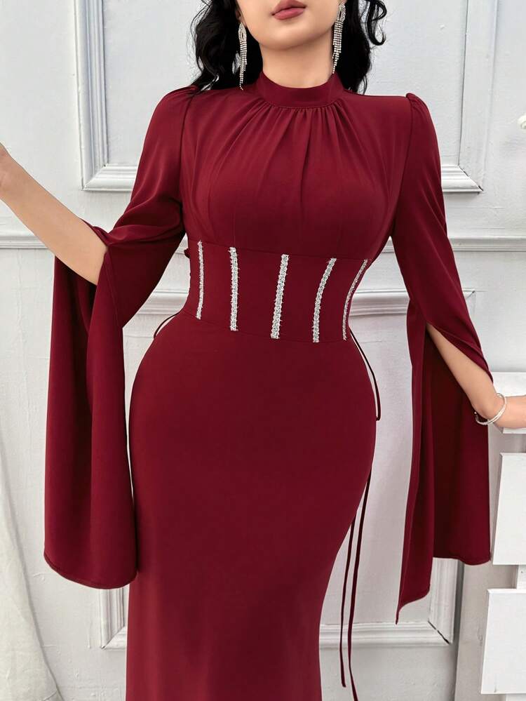 Women's Elegant Contrast Color Lace Trim Stand Collar Puff Sleeve Split Hem Tie Waist Mid-Length Dress, Spring/Summer Wedding Guest Dress Sundress
