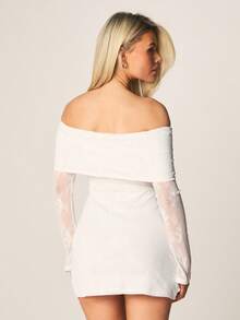 MISSGUIDED 露肩蕾丝长袖迷你连衣裙，配以薄纱袖子和翻边细节 - 白色 - 查看 2