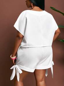 Slaydiva Summer White Silky Smart Casual Holiday 2pcs Set,Plus Size Backless Waist Crop Top And Shorts,Boho Beach Music Festival Streetwear Chic Outfits - White - View 4