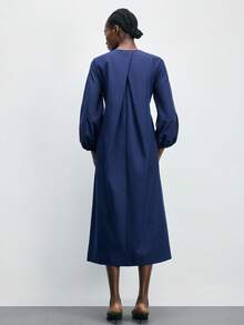 Maija Women's Casual Commuter Solid Color Lantern Sleeve Mid-Length Dress Lantern Sleeve Dress Belted Dress Blue Dress Front Tie Dress  Resort Wear 2026 - Navy Blue - View 3