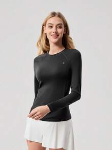 OutZeal 女士运动T恤瑜伽健身上衣柔软弹力修身长袖圆领 - 黑色 - 查看 5