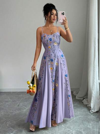 Elenzga Women's Floral Print Waist Cinched Long Strap Dress, Summer Vacation Style