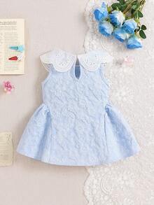 SHEIN 1pc Baby Girls Peter Pan Collar Jacquard Sleeveless Ruffled Casual Elegant Princess Dress, Suitable For Summer Outings, Travel, Birthday Party, Photography And Other Occasions - Blue - View 2