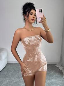 Rafferiza Bộ áo liền quần ống đính sequin gợi cảm dành cho nữ - Màu be - Xem 4