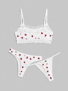 ROMWE Kawaii Conjunto de lencería de mujer de 3 piezas con diseño de corazones dulce y romántico - Multicolor - Ver 2