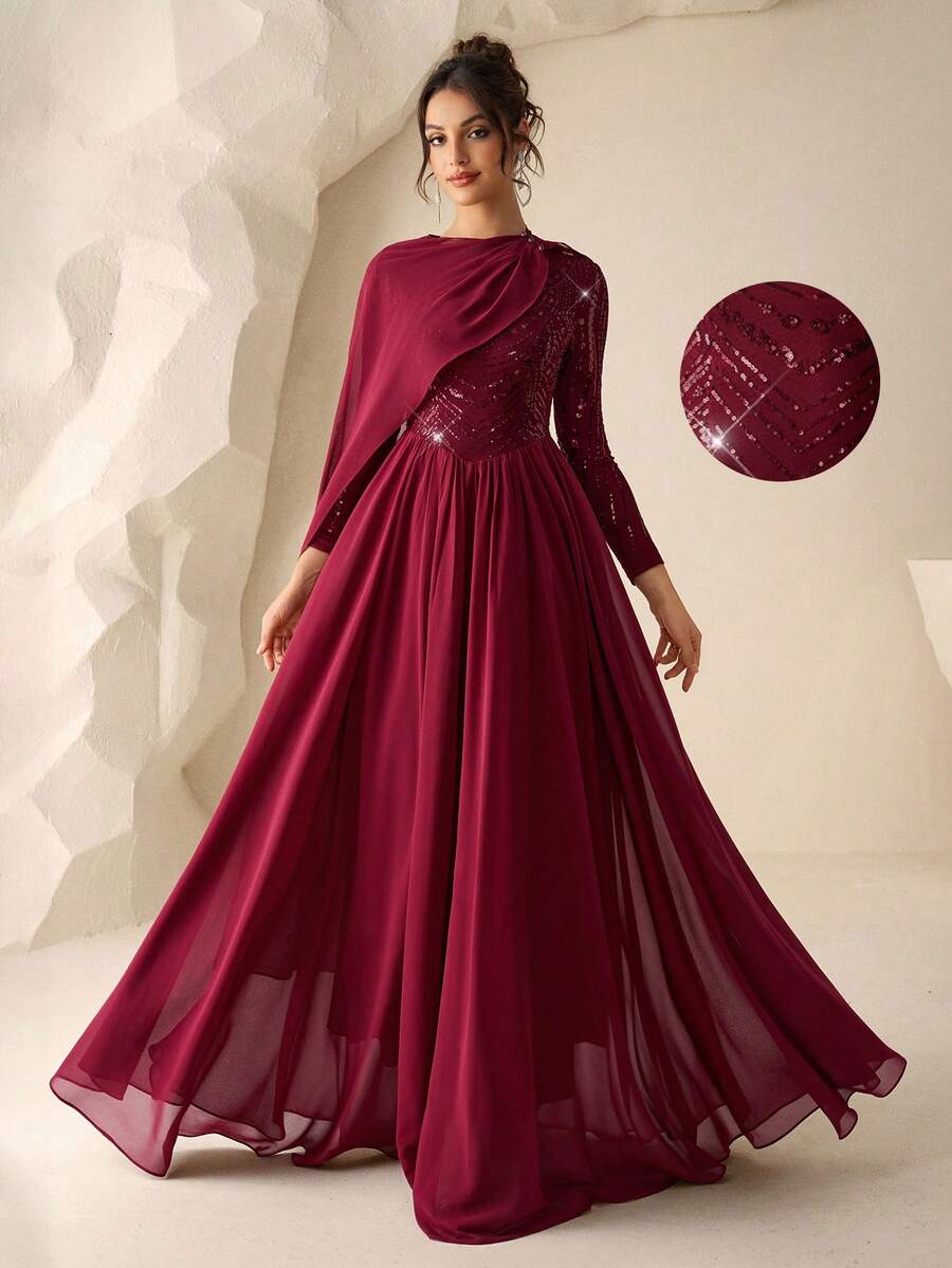 Coutiva 优雅派对亮片拼接披肩袖连衣裙