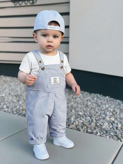 Conjunto de ropa de otoño/invierno para bebé niño/niña, peto, mamelucos, pantalón de peto a rayas azul y blanco con bordado de oso, mono cómodo, versátil, de moda casual minimalista básico, adecuado para primavera en interiores, esquí al aire libre, uso diario, deportes, juegos, fiestas, festivales, Año Nuevo