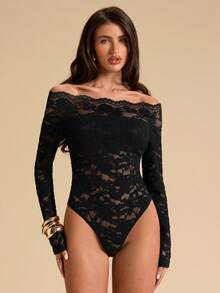 SHEIN BAE 1pc Women's Sexy Off-Shoulder Lace Long Sleeve Bodysuit, Tight-Fitting Lace Sheer Bodysuit, Ladies Top, Off-Shoulder Lace Bodysuit - Black - View 7