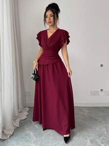 Elenzga New Crossover V-Neck Layered Ruffle Sleeve Knit Textured Top And Elastic Waist Skirt Set, Elegant Versatile For Party, Holiday, Valentine's Day, Casual Wear - Burgundy - View 6