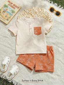 Cozy Pixies 2pcs/Set Young Boy Apricot Print Vacation Plant Pattern Pocket Half-Zip All-Match Mandarin Collar Pullover Top & Soft Printed Pants Set Boy Cotton Set Kids Long Sleeve Summer Sets Linen 2 Piece Boy Summer Set Boy Linen Outfit Boys Linen Short Sets Cotton Clothes - Multicolor - View 2