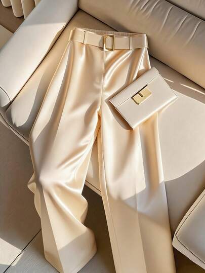 Franclia Women's New Metal Buckle Waist Belt Decor Casual Loose Wide Leg Pants