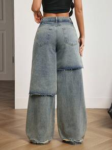 SHEIN PETITE 女士休闲水洗做旧阔腿牛仔裤 - 藍色 - 查看 2