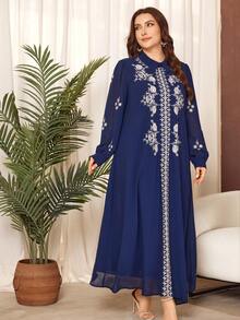 Lacomfia Đầm cỡ lớn màu xanh hải quân thêu họa tiết cổ điển, đầm dài tay dáng rộng bằng vải chiffon màu trắng có cổ áo thêu họa tiết. - Màu xanh hải quân - Xem 7