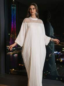 Al Najma Đầm cổ đứng thanh lịch đính cườm, vạt cánh dơi, thích hợp cho mùa xuân/hè. - trắng - Xem 6