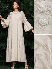 Al Najma 优雅女士连衣裙，采用3D提花、蕾丝拼接、提花和灯笼袖设计 - 杏色 - 查看 5