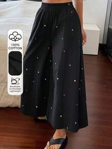 DAZY Heart Print Wide Leg Capri Pajama Pants For Women - Black - View 4