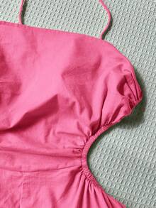 Comfortcana Áo liền quần hai dây ngắn màu đỏ hồng, khoét eo, xếp ly bên hông, thích hợp cho mùa hè. - Màu Hồng Tươi - Xem 7