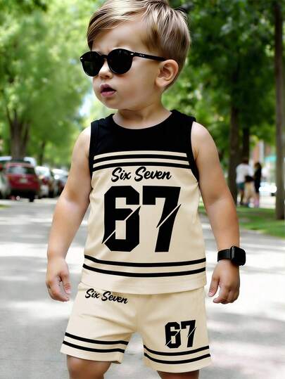 两件套男婴街头服饰，67号及“SIX SEVEN”字母图案撞色条纹印花背心搭配条纹数字印花短裤，适合夏季外出穿着。