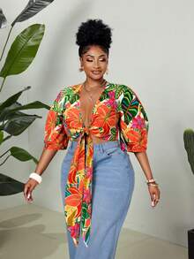 Maweii Áo sơ mi dáng rộng cỡ lớn in họa tiết hoa nhiệt đới, thắt nơ phía trước, thích hợp cho kỳ nghỉ. - Nhiều màu - Xem 5