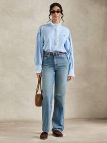 Briarwyn 2026新款女士春秋季蕾丝拼接长袖立领刺绣休闲衬衫，夏季，情人节，沙滩，优雅女士上衣 - 藍白色 - 查看 4