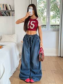 Rivivi Hazy Blue Denim Drawstring Elastic Waist Wide Leg Pants - Dusty Blue - View 7