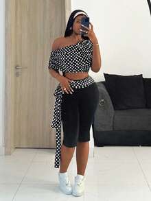 Slaydiva 夏日优雅、性感、度假、约会、日常穿着、婚礼季、千禧年辣妹风：单肩波点上衣搭配修身及膝紧身牛仔裤，黑白波点辣妹套装 - A - 黑與白 - 查看 3
