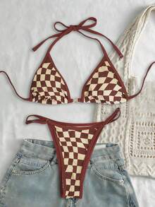 Swim Mod Springbreak Women 2pcs Checkerboard Print Sexy Halter Bikini Set - Multicolor - View 1