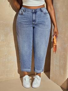Slaydiva Plus Size Solid Color Slant Pocket Casual Versatile Jeans - Light Wash - View 6