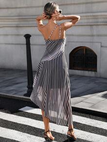 Almamuse New Fashionable Printed Chiffon Asymmetrical Strap Dress - Multicolor - View 2