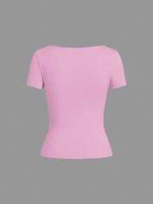 SHEIN EZwear 3件/套 女士针织T恤，多色，春夏基础款T恤 女士方领上衣 套装 纯色T恤 女士基础款上衣 多件装上衣 女士短袖上衣 修身款上衣 - 彩色 - 查看 9