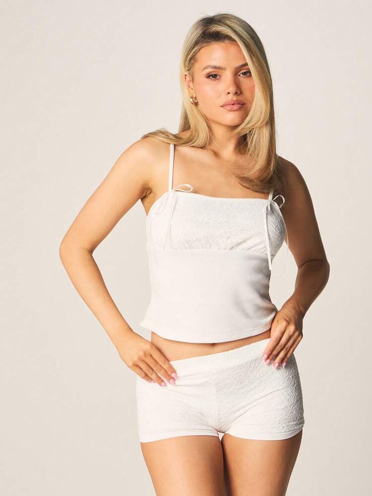 MISSGUIDED Ribbed Pajama Set With Cami Tank Top And Lace Trim Shorts Sleepwear Lounge Set