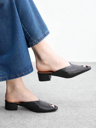 CUCCOO BIZCHIC Giày mules bít mũi, gót chunky màu đen, kiểu dáng đơn giản và đa năng, thích hợp cho công sở và đi làm.