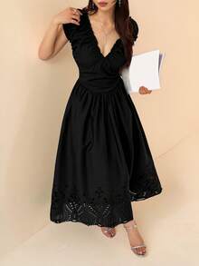 DAZY 女士纯色简约无袖连衣裙，休闲日常夏季吊带裙 - 黑色 - 查看 6