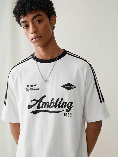 SWAVVY 男士休闲时尚街头运动字母印花撞色条纹侧边短袖T恤，夏季