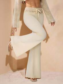 SHEIN Tall 女士白色针织腰带串珠抽绳直筒宽松休闲度假裤 - 白色 - 查看 10