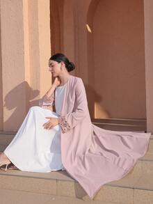 Graceveil Áo Abaya dài tay, màu trơn, kiểu dáng mở phía trước, dành cho nữ, thoải mái và đa năng, phù hợp mặc hàng ngày. - Bụi hồng - Xem 7