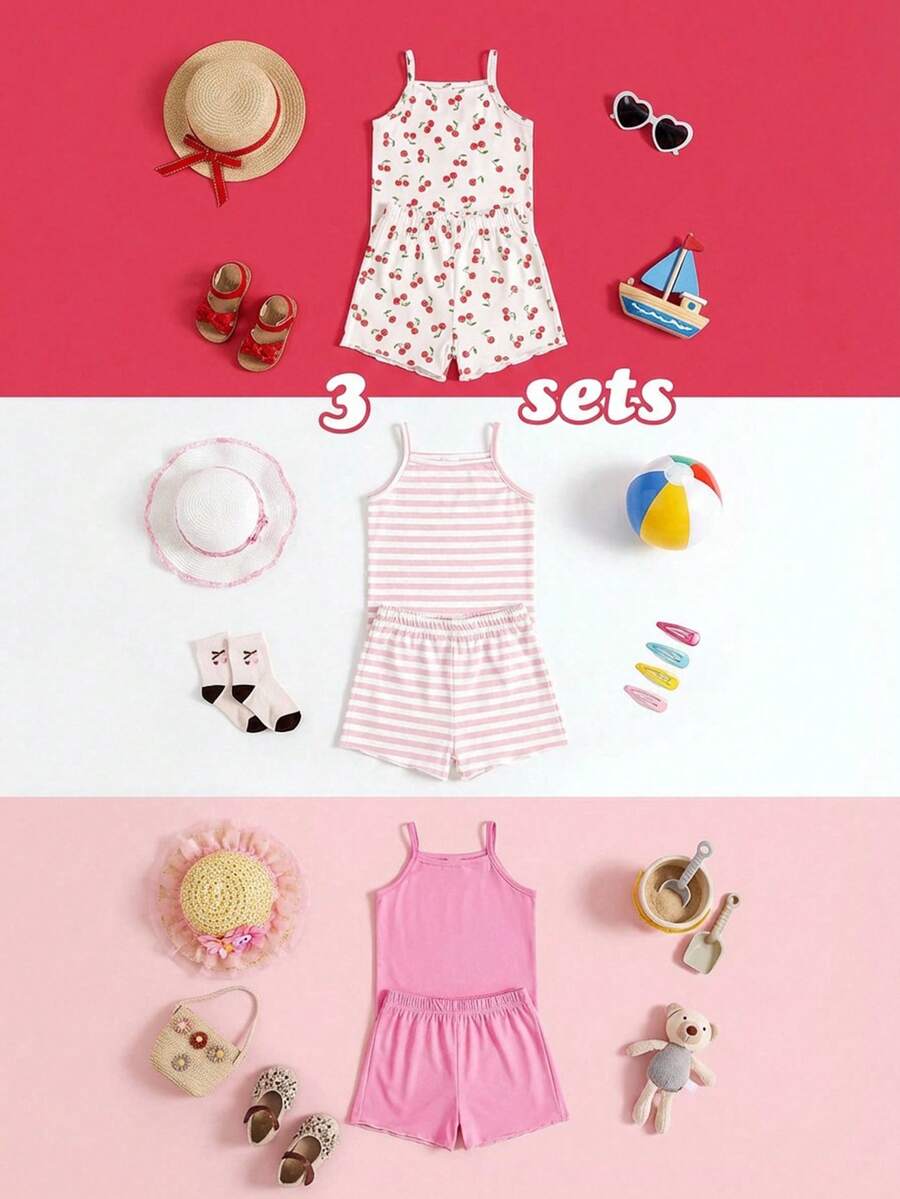 SHEIN 女婴舒适百搭甜美可爱吊带短裤套装，多件套夏季服装 - 彩色 - 查看 1