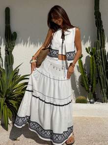 DAZY 2pcs/Set Women Retro Print Fitted Sleeveless Tie-Up Vest & Long Flared Skirt Casual Vacation Outfit, Spring/Summer Boho Short Sets For Women - White - View 3