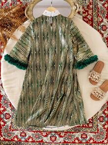 Long Three Quarter Sleeve Young Girl Dress In Green Fabric With Christmas Pattern Fringes - Green - View 2