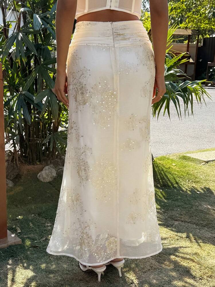 White Sequin Embroidered Vacation Skirt For Women, Summer