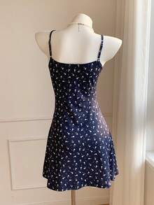 Comfortcana Đầm slip ren họa tiết hoa nhí phối màu tương phản dành cho nữ, thích hợp cho kỳ nghỉ hè. - Màu xanh hải quân - Xem 2